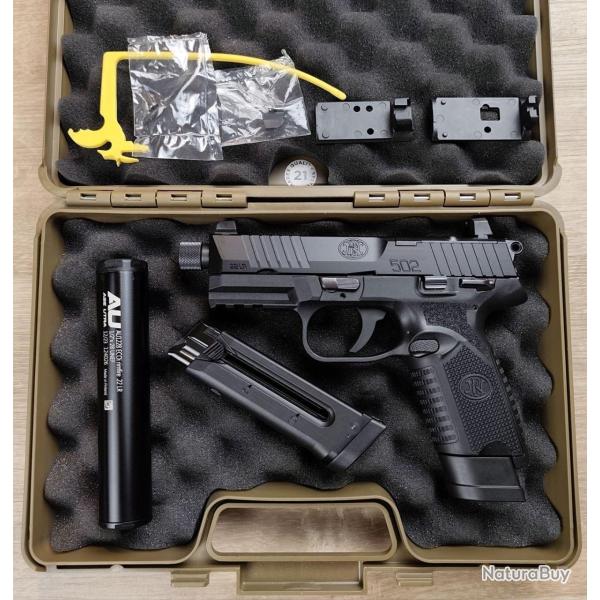 Pistolet FN 502 Tactical Black - Cal .22 LR - Mallette, 2 chargeurs + Silencieux (Occasion)
