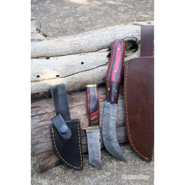 Lot de 2 Couteau Skinner+ Scimitar Lame Acier Damas 256 Couches Manche Bois Etui Cuir Fabr Artisan01