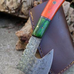 Couteau d'Esquimau Inuit Ulu/Hachoir Lame Acier Damas 256 Couches Manche 2Bois Etui Cuir F Artisan 1