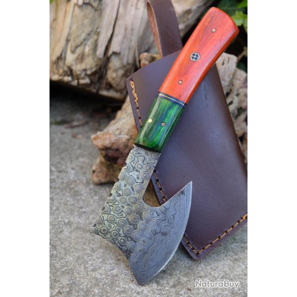 Couteau d'Esquimau Inuit Ulu/Hachoir Lame Acier Damas 256 Couches Manche 2Bois Etui Cuir F Artisan 1