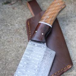 Couteau Skinner Damas Lame Butcher Acier 256 Couches Manche 2 Bois Etui Cuir Fab Artisanale