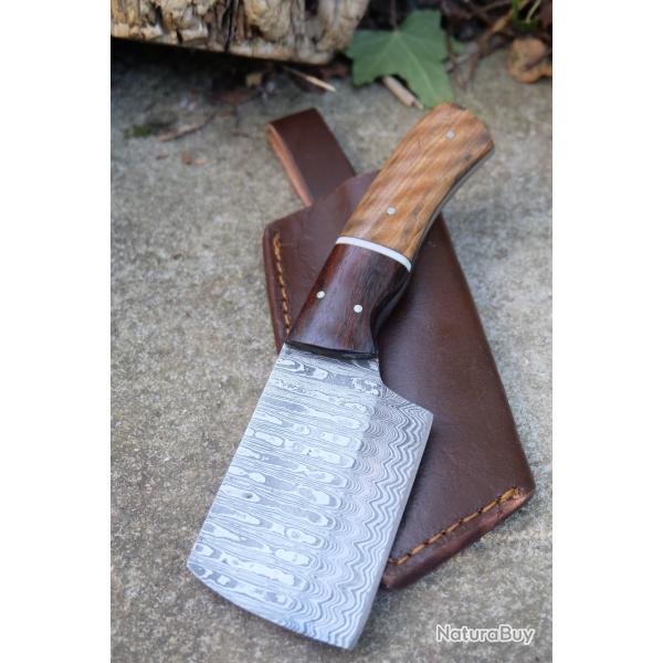 Couteau Skinner Damas Lame Butcher Acier 256 Couches Manche 2 Bois Etui Cuir Fab Artisanale