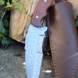 Bushcraft Couteau de Chasse Survie Lame Acier Carbone 1055 Lazer Manche Rosewood Etui Cuir F Artisan