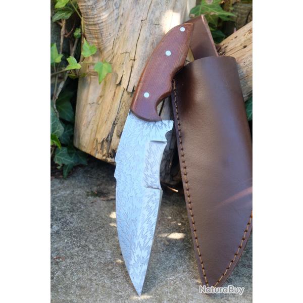 Bushcraft Couteau de Chasse Survie Lame Acier Carbone 1055 Lazer Manche Rosewood Etui Cuir F Artisan