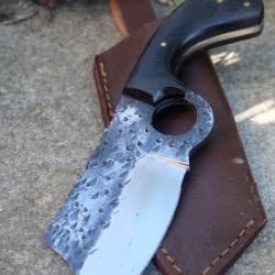 Couteau de Chasse D&eacute;coupe Survie Lame Acier Carbone 1075 Forg&eacute;e Manche Micarta Etui Cuir F Artisan