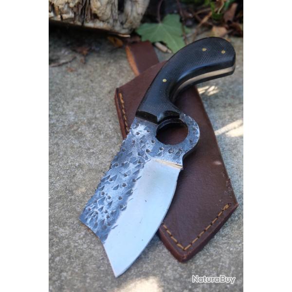 Couteau de Chasse D�coupe Survie Lame Acier Carbone 1075 Forg�e Manche Micarta Etui Cuir F Artisan