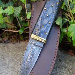 BELLE Dague Scottish Dirk Lame Acier Damas 256 Couches Manche Bois Clout&eacute; Etui Cuir Fab Artisanale