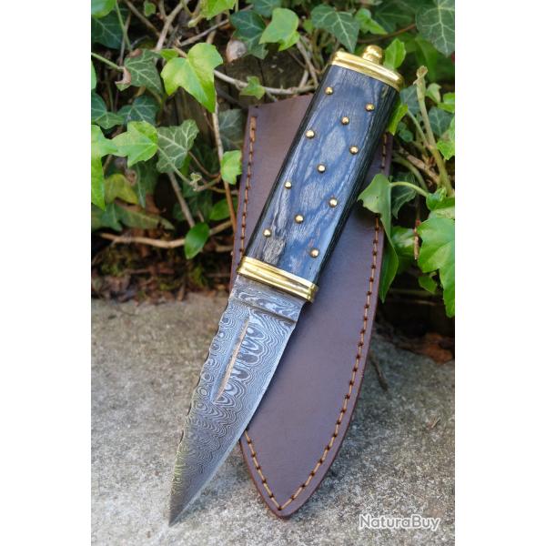 BELLE Dague Scottish Dirk Lame Acier Damas 256 Couches Manche Bois Clout� Etui Cuir Fab Artisanale