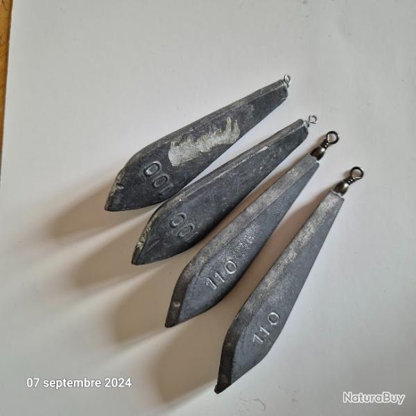 4 Plombs carpes trilobes pour la p�che, 100 et 110 gr. carnassiers