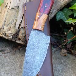 Skinner Bowie Couteau de Chasse Damas Lame 256 Couches Manche 2 Bois Fabric Artisanale Etui Cuir 01