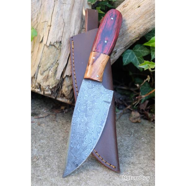Skinner Bowie Couteau de Chasse Damas Lame 256 Couches Manche 2 Bois Fabric Artisanale Etui Cuir 01