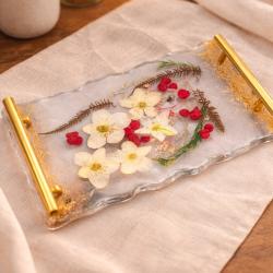 Plateau en r&eacute;sine avec fleur naturelle