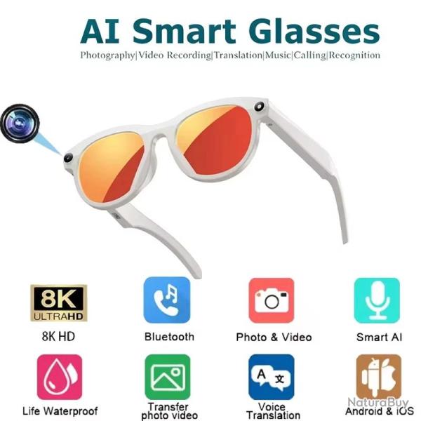 Lenovo Lunettes IA 8K HD Camera BT, Modele: Blanc