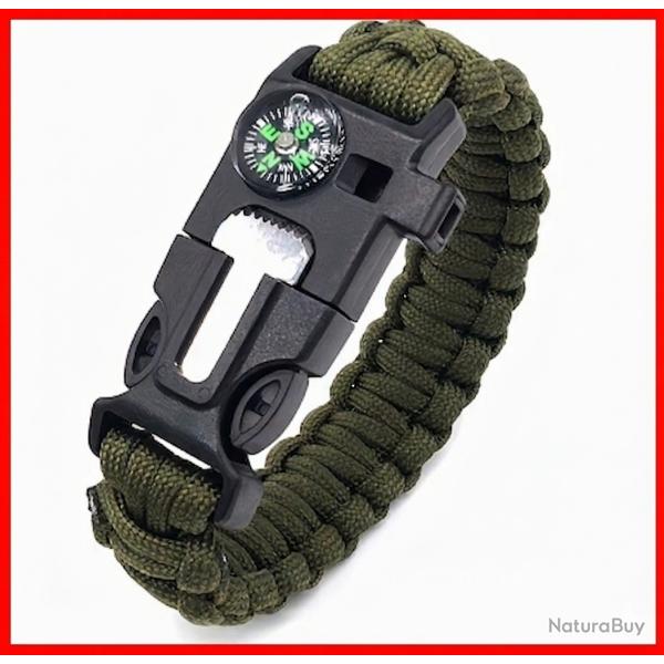Bracelet Survie Vert / Sifflet / Boussole / Firesteel 5 en 1 ( Port gratuit )