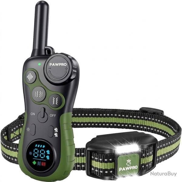 Collier Dressage Chien 3000m Sans Choc �lectrique Bip Vibration LED Nocturne Rechargeable Pro Vert