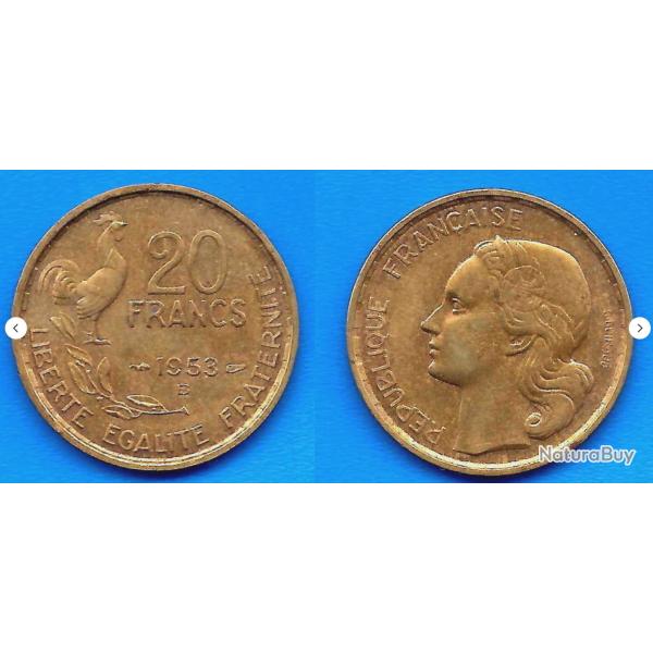 France 20 Francs 1953 B Coq Rooster Frcs Frc Frs Piece