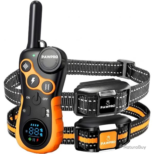 2XColliers Dressage Chien 3000m �tanche IPX7 Rechargeable 124 Niveaux Bip Vibration Choc LED Orange