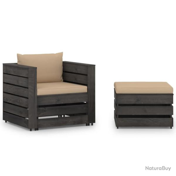 Salon de jardin 2 pcs avec coussins Bois impr�gn� de gris