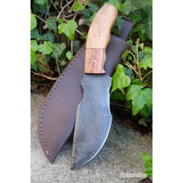 Couteau Bushcraft Trakker Survie Lame Acier Carbone 1075 Manche Bois Etui Cuir Fabric Artisanale