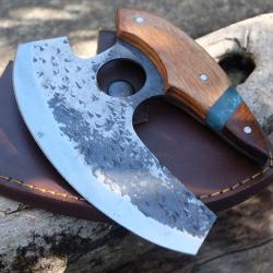 Couteau D'esquimau Ulu Inuit Lame Acier Carbone 1075 Manche Bois Etui Cuir Fabrication Artisanale
