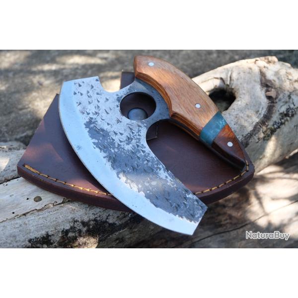 Couteau D'esquimau Ulu Inuit Lame Acier Carbone 1075 Manche Bois Etui Cuir Fabrication Artisanale