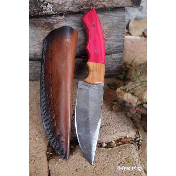 Couteau Bowie Damas Lame Acier 256 Couches Manche Bois Fushia Etui Cuir Fabric Artisanale 01