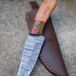 Skinner Bowie Couteau de Chasse Damas Lame 256 Couches Manche 2 Bois Fabric Artisanale Etui Cuir 02