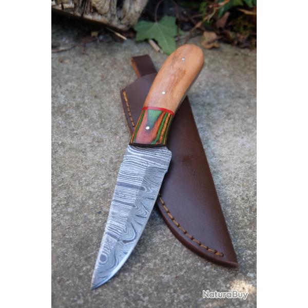 Skinner Bowie Couteau de Chasse Damas Lame 256 Couches Manche 2 Bois Fabric Artisanale Etui Cuir 02