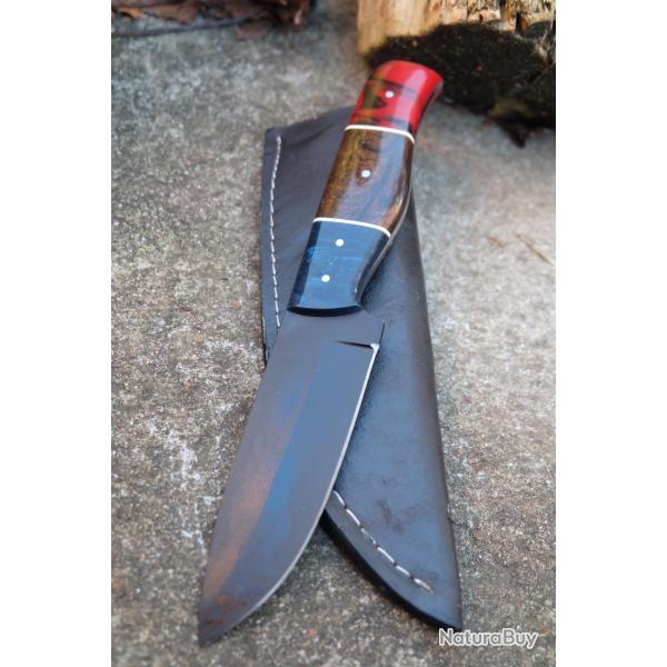 Couteau de Chasse Skinner Lame Drop Point Acier Carbone 1055 Black Manche R�sine Etui F Artisanale01