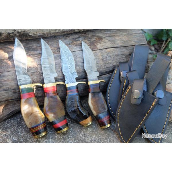 LOT DE 4 Couteau Skinner Damas Lame 256 Couches Manche Corne de B�lier Fab Artisanale Etui Cuir 002