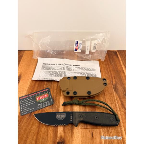 Couteau ESEE-3 avec �tui kydex tan et accessoires - tr�s bel �tat