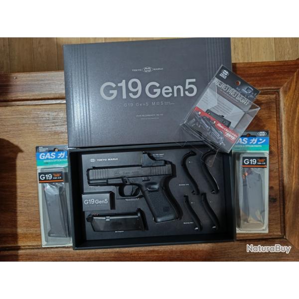 Kit complet glock 19 gen 5 mos tokyo marui avec point rouge et 3 chargeurs.