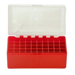 BOITE DE RANGEMENT ROUGE COUVERCLE TRANSPARENT 50 MUNITIONS CAL 45LC/44MAG