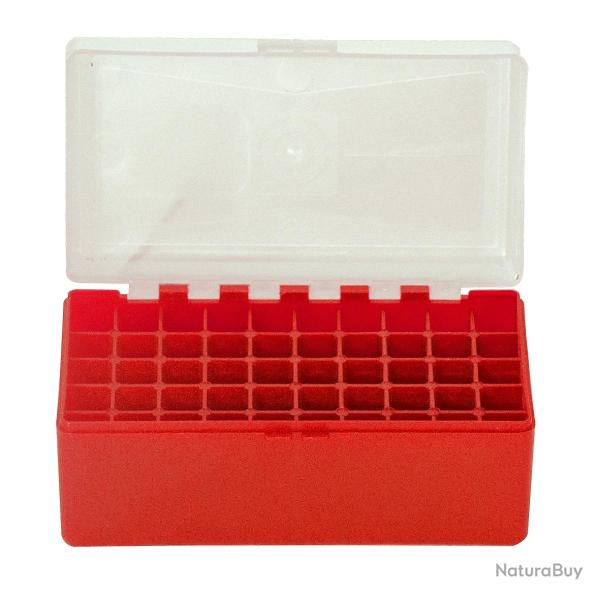 BOITE DE RANGEMENT ROUGE COUVERCLE TRANSPARENT 50 MUNITIONS CAL 45LC/44MAG
