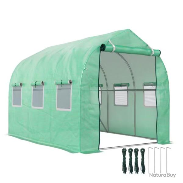 Serre Tunnel de Jardin 5,75 m� dim. 2,95L x 1,95l x 1,96H m Porte + 6 fen�tres enroulables -  Vert