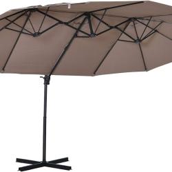Parasol d&eacute;port&eacute; grande taille XXL inclinable avec pied en croix dim. 4,45L x 2,7l x 2,6H m - Marron
