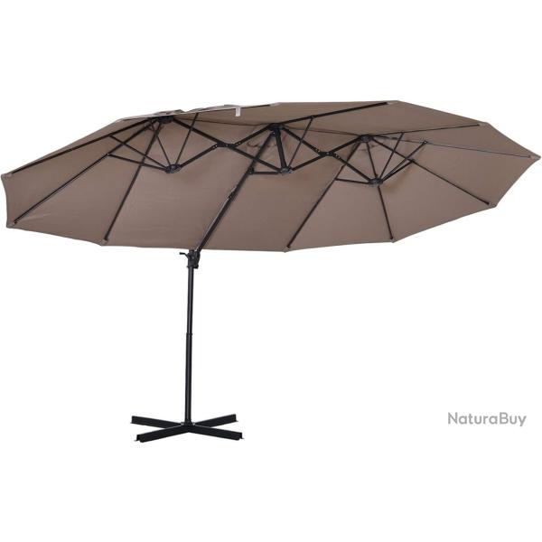 Parasol d�port� grande taille XXL inclinable avec pied en croix dim. 4,45L x 2,7l x 2,6H m - Marron