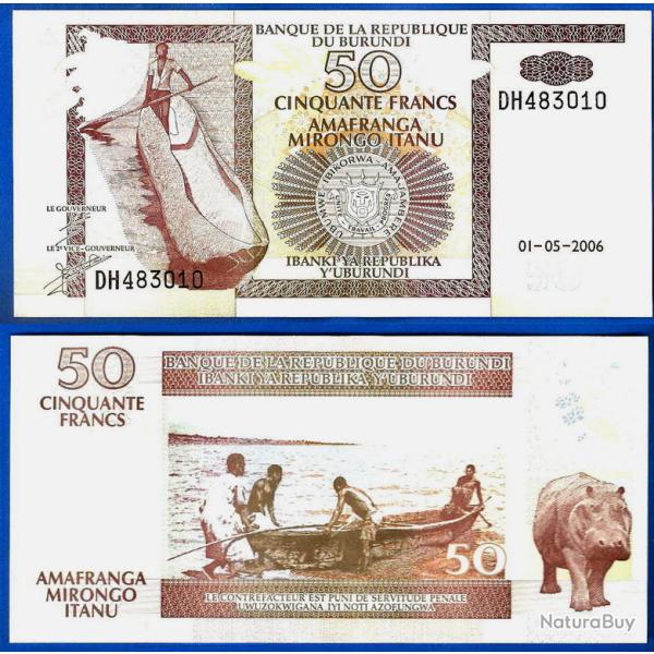 Burundi 50 Francs 2006 Neuf Billet Afrique Pecheur Hippopotame