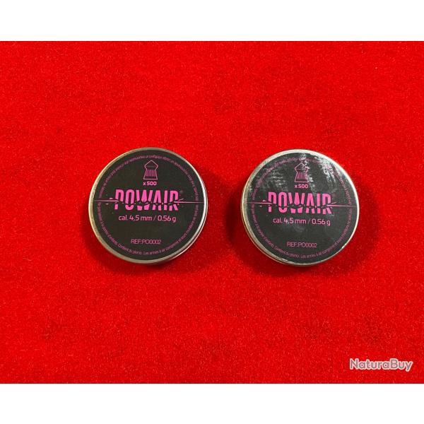 1 LOT DE 2 BOITES DE 500 PLOMBS POINTUS POWAIR (= 1000) CALIBRE 4,5 mm, POIDS : 0,56 grammes.