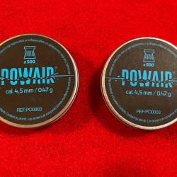 1 LOT DE 2 BOITES DE 500 PLOMBS PLATS POWAIR (= 1000) CALIBRE 4,5 mm, POIDS : 0,47 grammes.