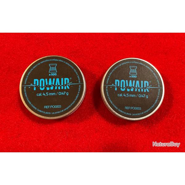 1 LOT DE 2 BOITES DE 500 PLOMBS PLATS POWAIR (= 1000) CALIBRE 4,5 mm, POIDS : 0,47 grammes.