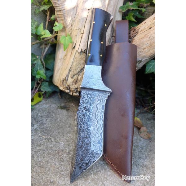 Beau Poignard Damas Lame Tanto Mitres Damas 256 Couches Manche Corne Fabricat Artisanale Etui Cuir