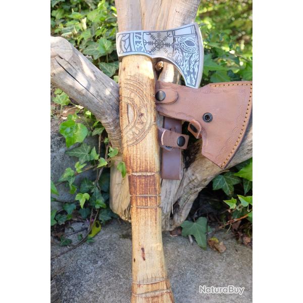 Hache de Viking Ragnar Lothbrok Lame Acier Carbone 1055 Manche Bois Etui Cuir Artisanale