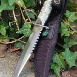 Couteau de Survie Pilote H&eacute;lico Lame Acier Inox Manche Aluminium Etui Nylon Boussole Kit de Survie