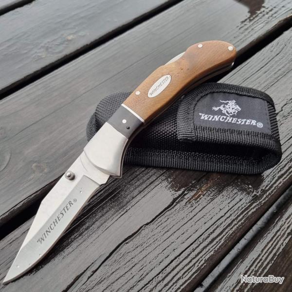 Couteau Winchester Burl Wood Lame Acier 3Cr13 Manche Bois Etui Nylon S�curit� Lockback