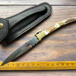 Ancien couteau MUELA (SPAIN) / SIGLO XVIII  - MB-9A / NAVAJA / CORNE&LAITON / ETUI CUIR / NEUF