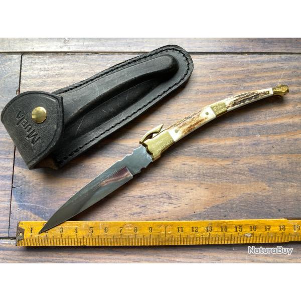 Ancien couteau MUELA (SPAIN) / SIGLO XVIII  - MB-9A / NAVAJA / CORNE&LAITON / ETUI CUIR / NEUF