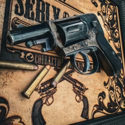 Rare revolver v&eacute;lodog &agrave; pontet "LEPAGE &Agrave; LI&Egrave;GE" avec holster cuir - POUDRE VIVE