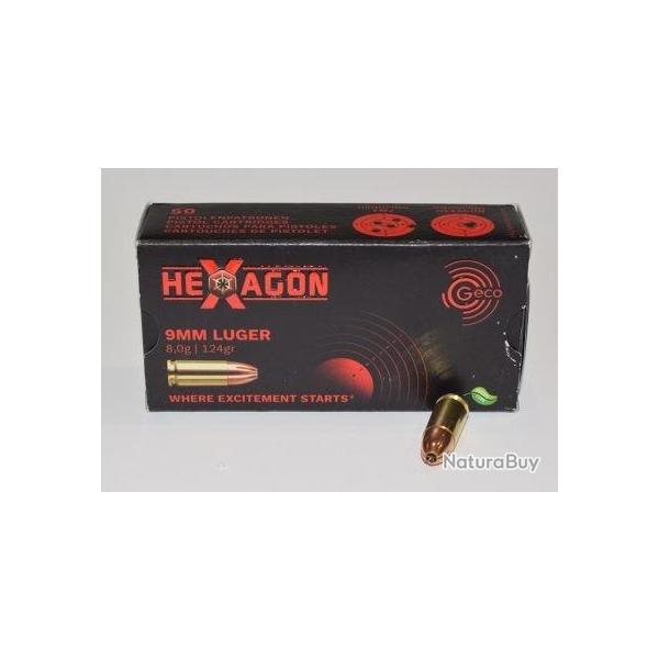 boite 50 cartouches GECO 9�19 Luger Hexagon 124 Grains