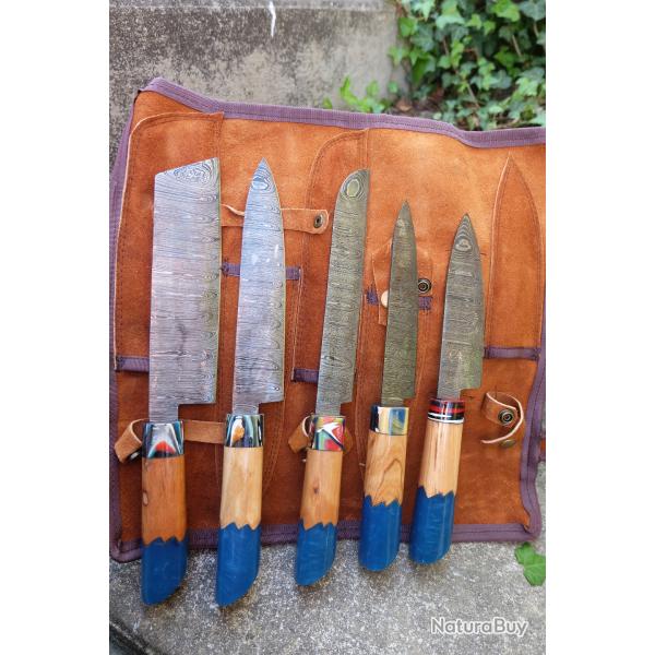Lot de 5 Couteau de Cuisine Style Japonais Lame Acier Damas 256 Couches Housse Cuir Fab Artisanale